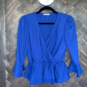Royal blue blouse with cinched waist